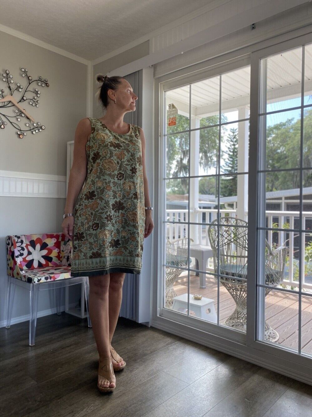 White Stag Shift Dress VTG 90s Green Indian Batik Sleeveless Linen Blend L NWT